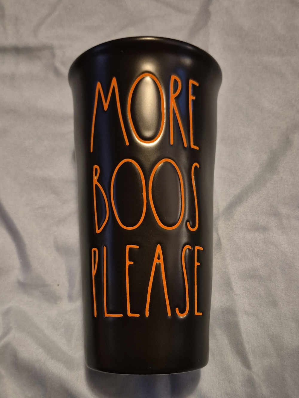 Rae Dunn Black Mug with Orange 'MORE BOOS PLEASE' Lettering